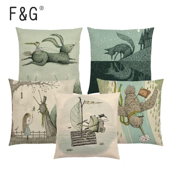 

Magic Animal Fable World Cushion Cover Fairy Tale Fantasy Forest Tree House Girl Boy Print Home Decoration Car Sofa Pillowcase