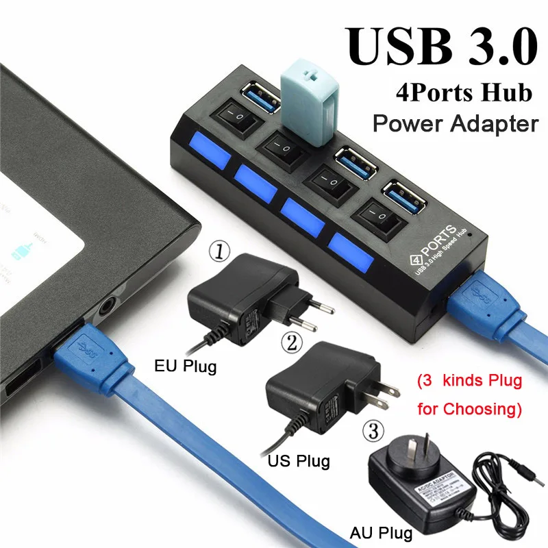 4 Port USB 3.0 HUB with Power Adapter US/EU/AU High Speed 1000Mbps Hub