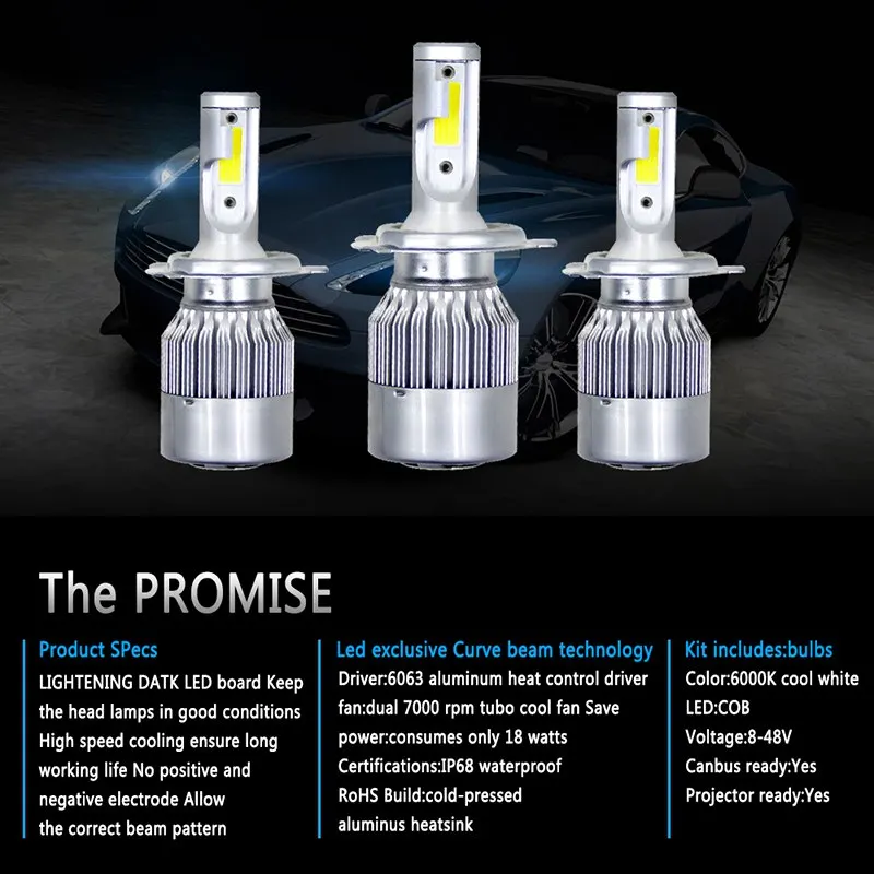 VicTsing 2pcs Auto C6 H4 LED Car Headlights 2018 Spotlights H4 COB LED Headlight Light Bulb 36W 6000K Lights Cool White          (9)