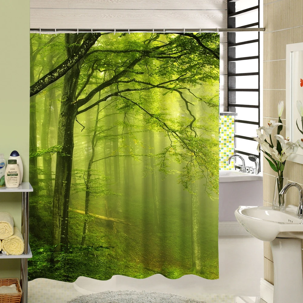 Fabric Forest Shower Curtain Bathroom Green Tree Drape Waterproof