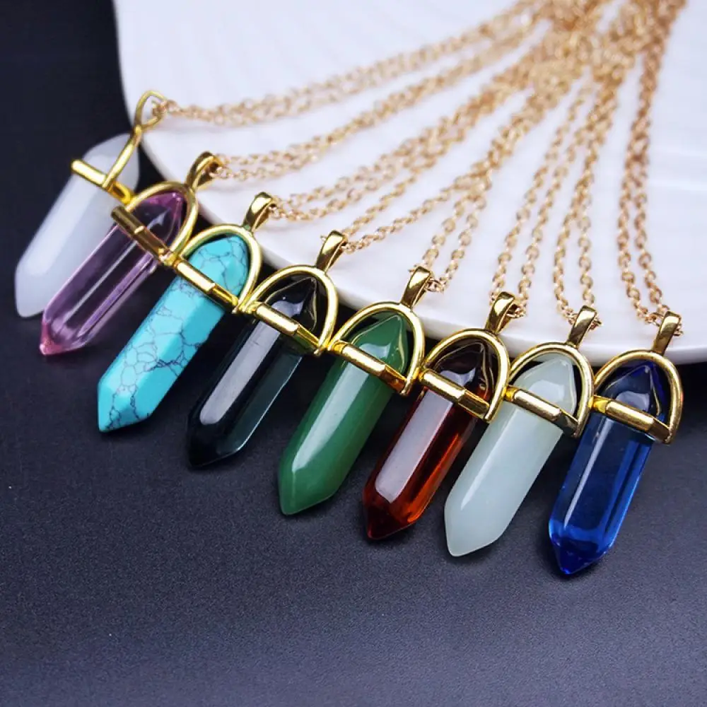 Gemstone Pendants NecklaceNatural Quartz Crystal Stone Point Chakra Healing