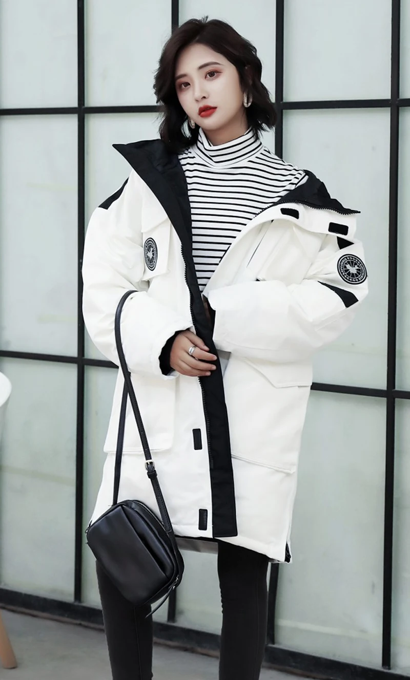 Дизайн, зимний женский пуховик, большой размер, свободный, однотонный, Женское зимнее пальто с капюшоном, длинная парка, корейский стиль