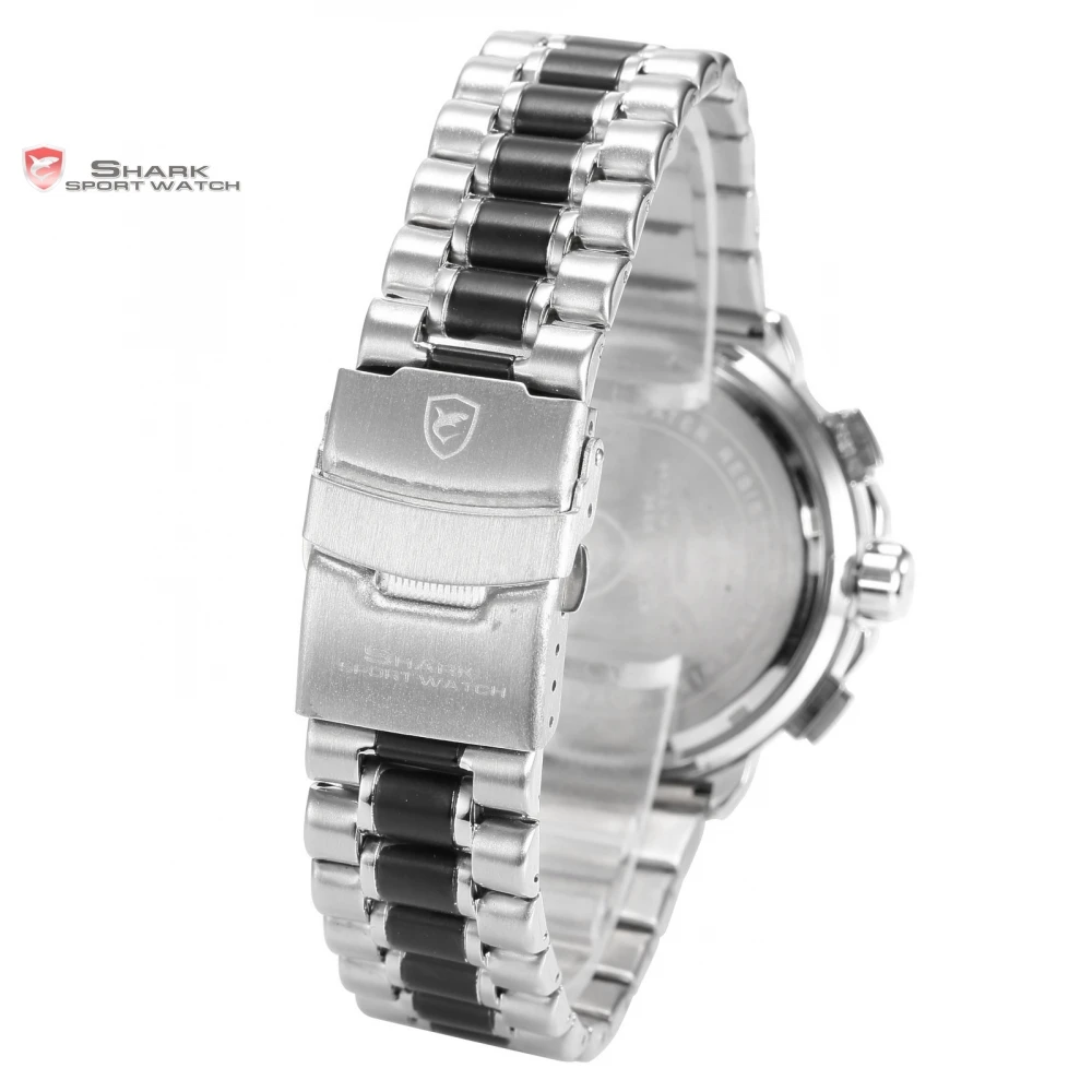 Blacknose Shark Sport Watch White Silver Stainless Steel Band Auto Date Day Waterproof Men's Sports Quartz Wrist Watches / SH381