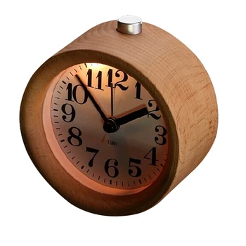 

Mini Version Classic Small Round Silent Table Snooze Beech Wood Pointer Alarm Clock Night Light For Indoor Night Light Function