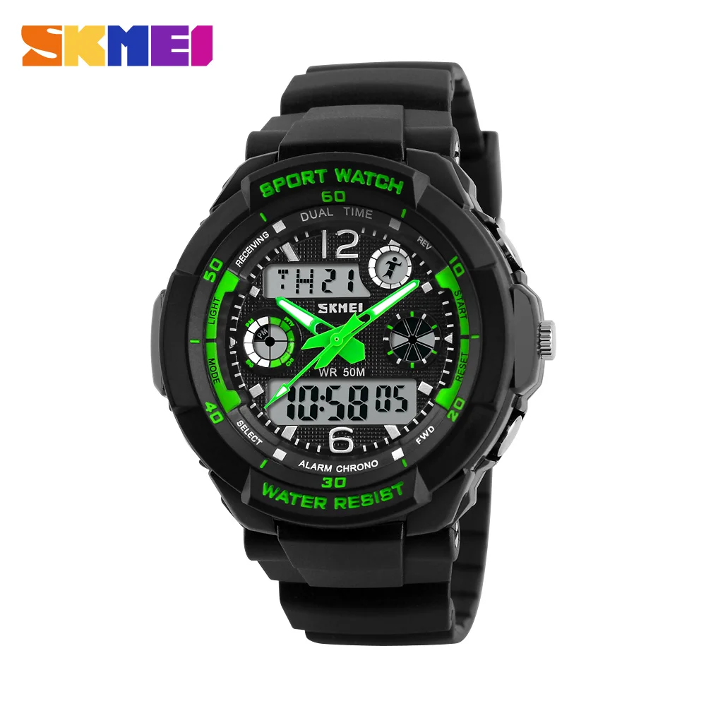 SKMEI детские спортивные часы с мультяшным принтом, Детские кварцевые светодиодный цифровые часы S Shock, модные повседневные наручные часы для студентов - Цвет: green