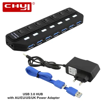 

7 Port USB Hub 3.0 High Speed with EU/US/UK/AU Power Adapter Multi Splitter On/Off Switch for Computer Laptop
