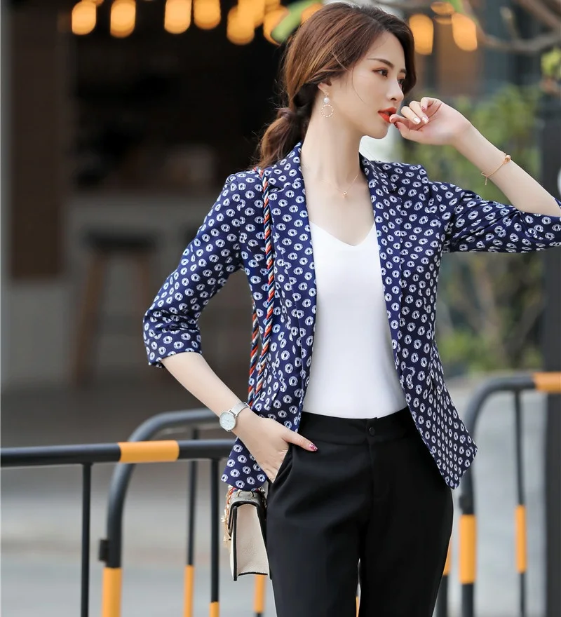 Buy Fashion Casuall Office Ladies Blue Print Blazer