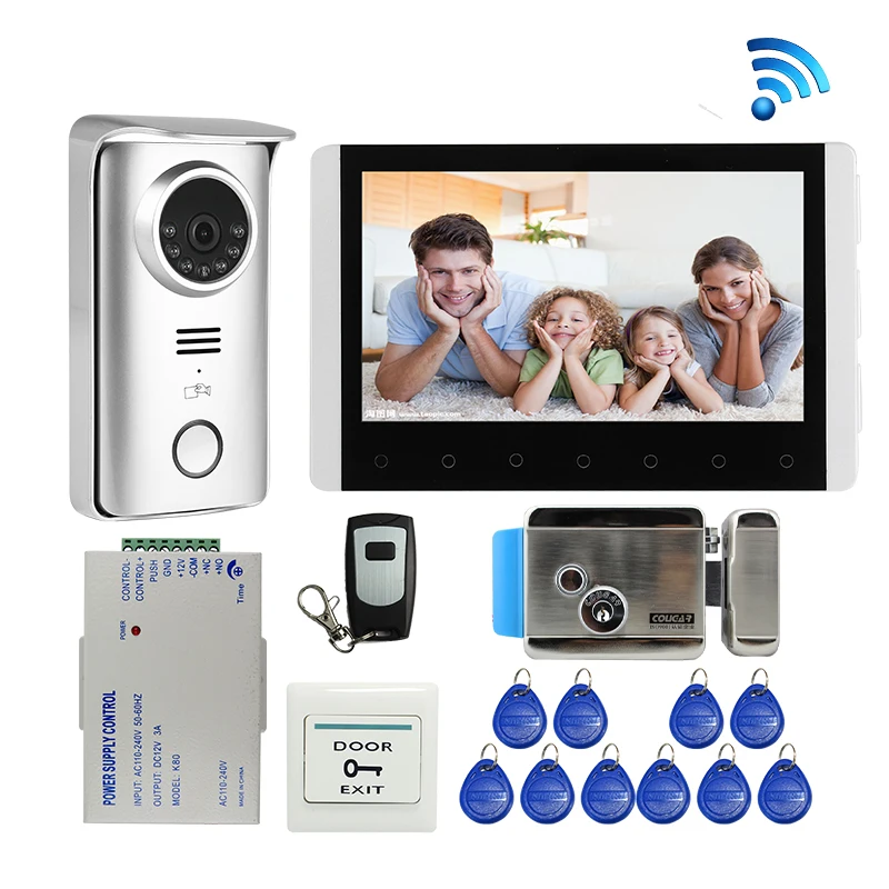 

Free Shipping Wireless 7" LCD Video Door Phone Intercom Record Monitor Kit RFID Unlock Doorbell Camera Electric Control Lock