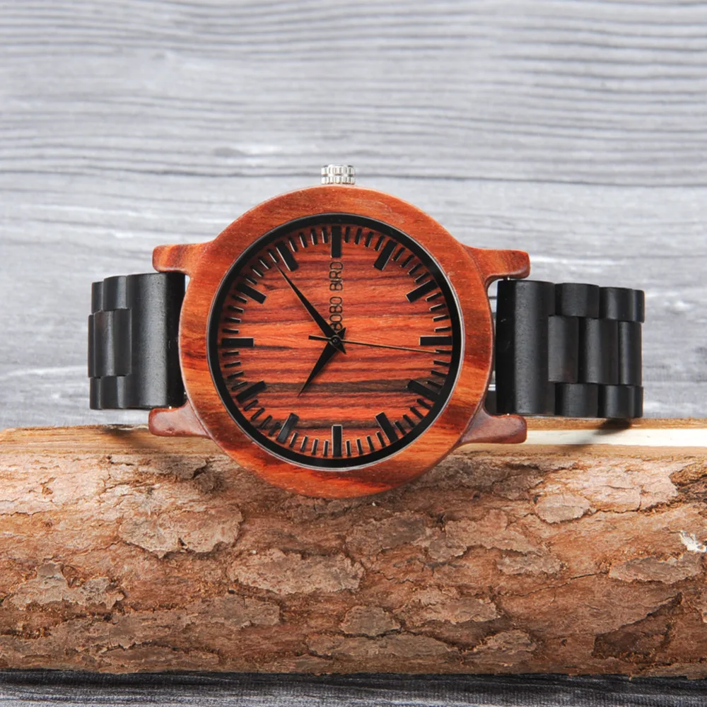 BOBO BIRD LM05 Men Red Sandalwood Dial Ebony Strap Vintage Style Watch Erkek Quartz Clock in Gift Box