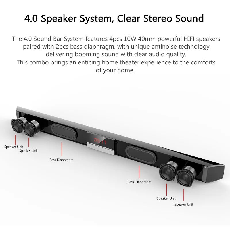 XGODY SR100 Plus Bluetooth Soundbar for TV Wireless Speaker Aux-In Coaxial Optical Subwoofer Home Theater Free to E.U Countries