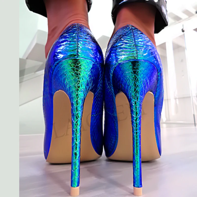 LAIGZEM New Women Heels Pointy Toe Reflect Colors Pumps Dresses Party Basic Shoes Woman Tacones Zapatos Mujer Large Size 34-47