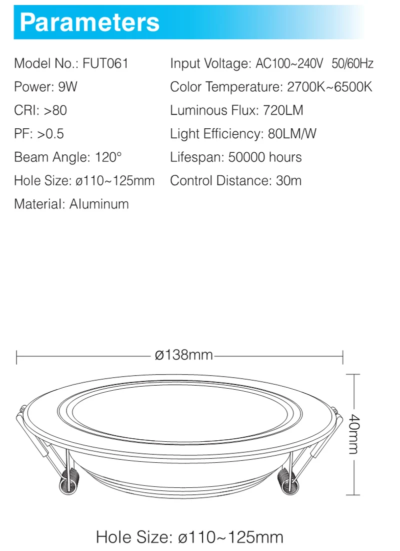Controle de Voz Rgb plus Cct Nova Milight Fut061 Ac220v 9 w Downlight Levou Dimmable Recesso Downlight 2700 k ~ 6500 k Pode Remoto e telefone e amazon 17 cct led downlight regulável ac220v recessed downlight