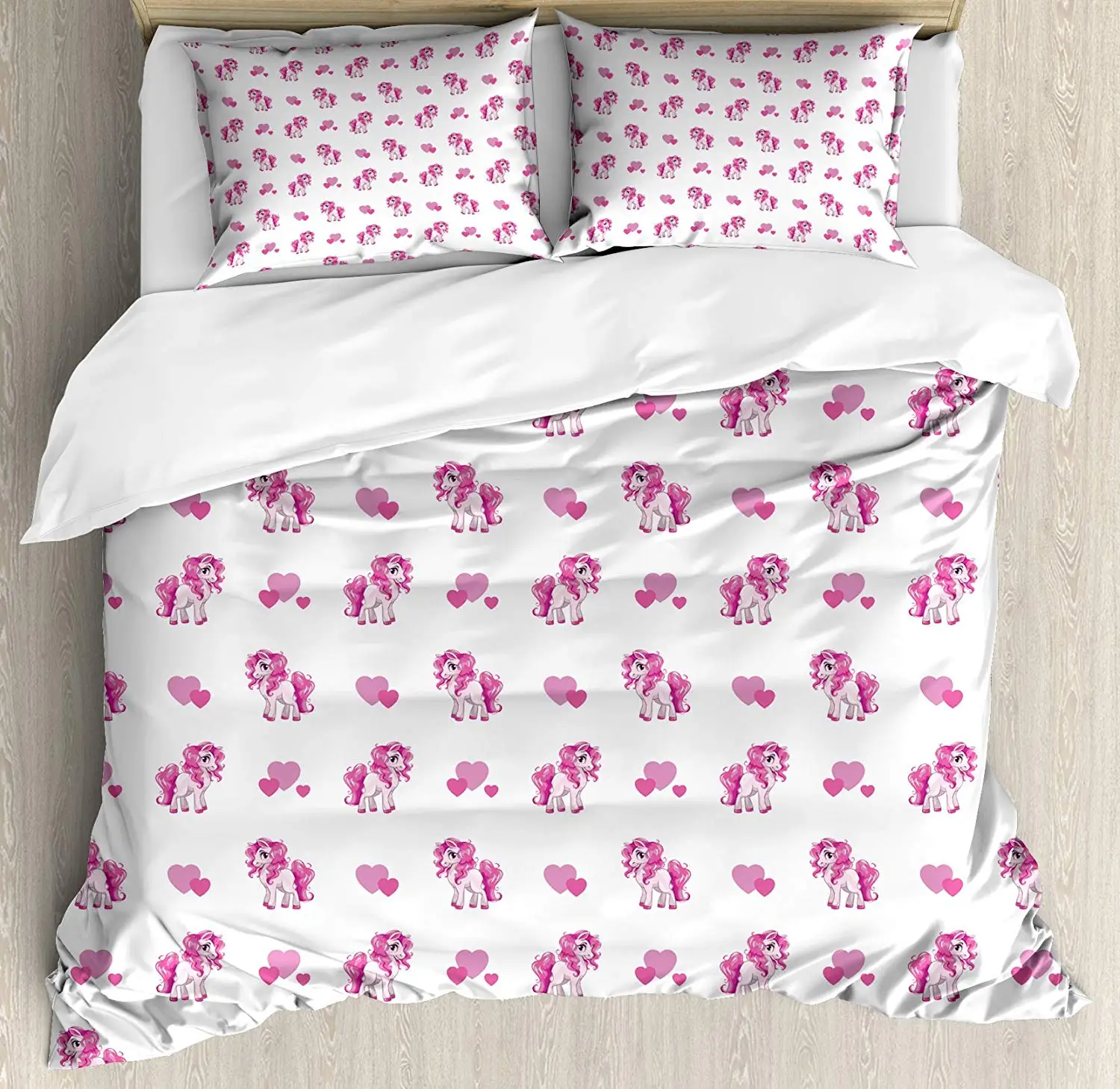 

Love Duvet Cover Set Pink Hearts and Magical Pony Horse Kids Girls Design Fairytale Toy Animal Cartoon 4 pcs Bedding Set