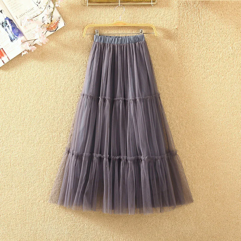 women Skirts 2019 Womens Black Gray Spring Summer Elastic High Waist Pleated Midi Skirt Tutu Skirt A-line long Skirts Female