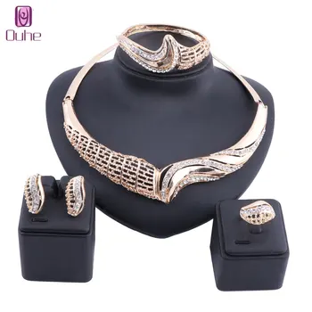 

Women African Beads Jewelry Sets Crystal Necklace Earring Ring Bangle Jewelries Set Gold Silver Color Statement Accessories Set