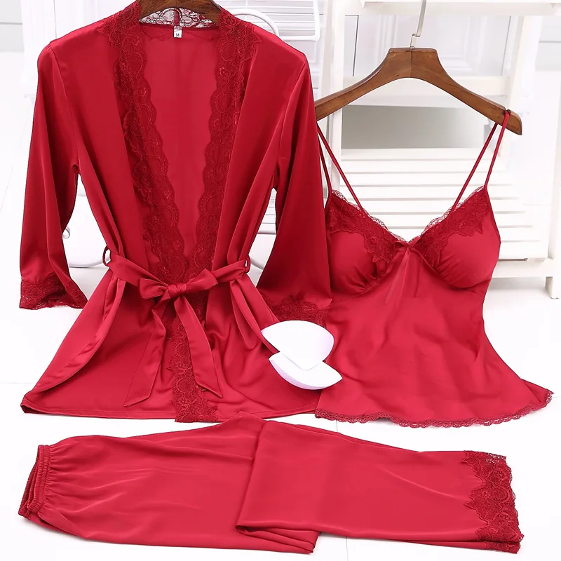 

Women Pijamas Satin Silky Pajama Set Sexy Lace Robe 3pcs Suit with Chest Pad Lingerie Long Pants Sleepwear Female Lounge Wear