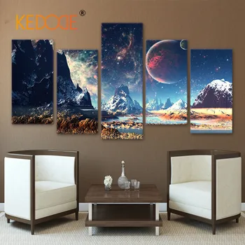 

HD Print 5 piece canvas art Mountains and Space Canvas Set planet snow lake galaxy Painting home decoration No frame