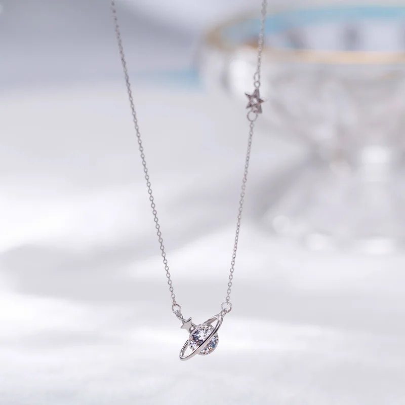 

Trendy Cubic Zirconia Saturn Pendant 925 Sterling Silver Chain Necklaces for Women Fashion Girls CZ Collares Necklace Jewelry