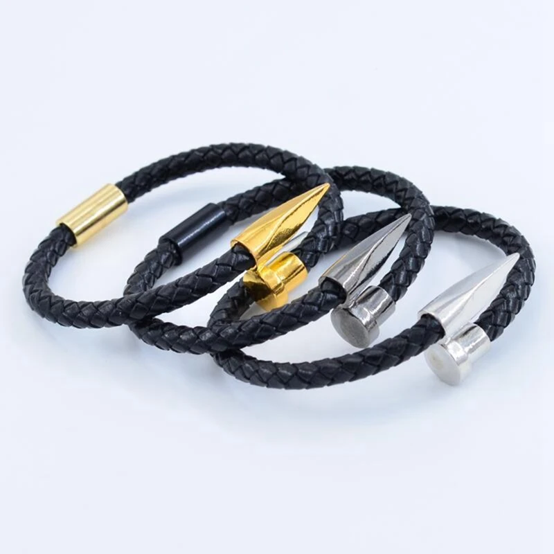 

Bracelets Men/nail bracelet/gold/stainless steel/pulseira masculina 6mm Weave Genuine leather Charm mens bracelets 2019
