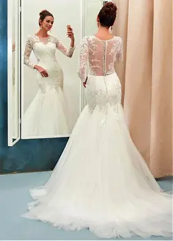 

3/4 Sleeves Vestido De Noiva Muslim Wedding Dresses Mermaid Tulle Lace Beaded Vintage Dubai Arabic Wedding Gown Bridal