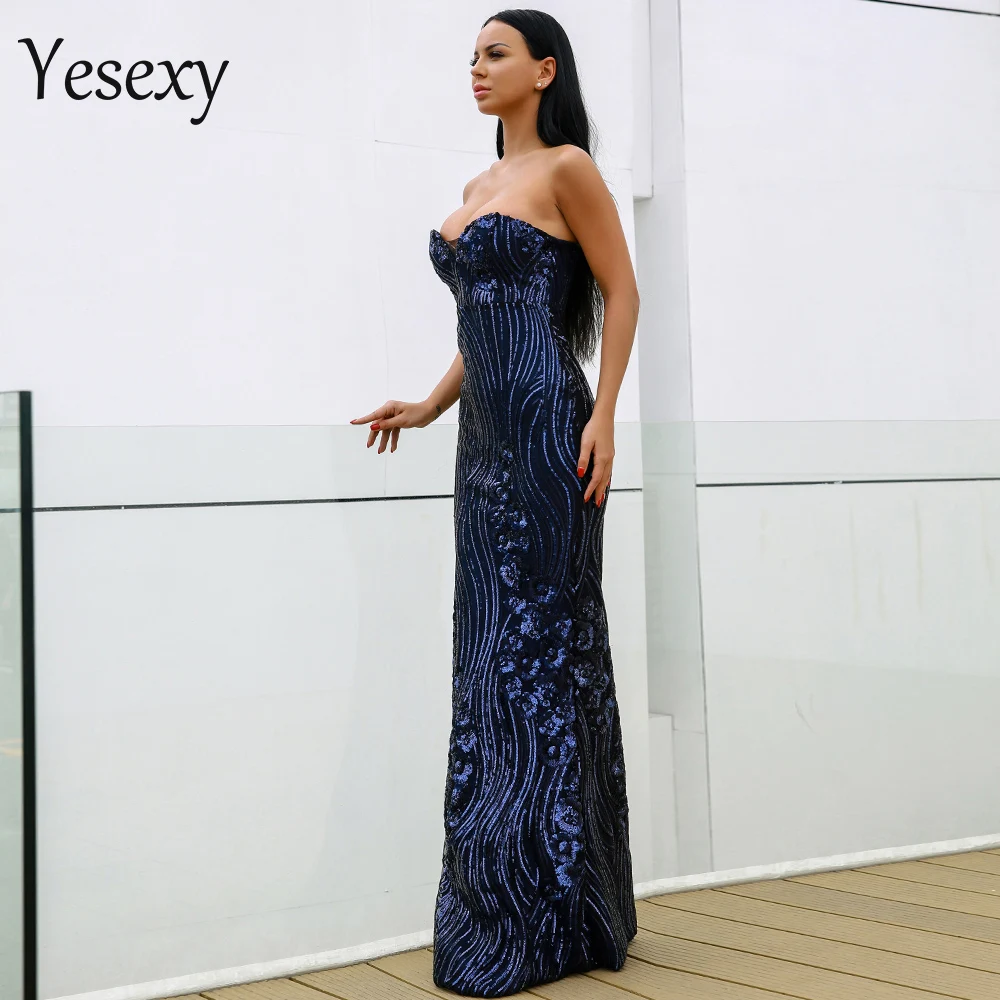 Yesexy, сексуальный бюстгальтер, с открытыми плечами, с блестками, с открытой спиной, платья для женщин, длина до пола, элегантные вечерние, облегающее платье Vestdios VR9002