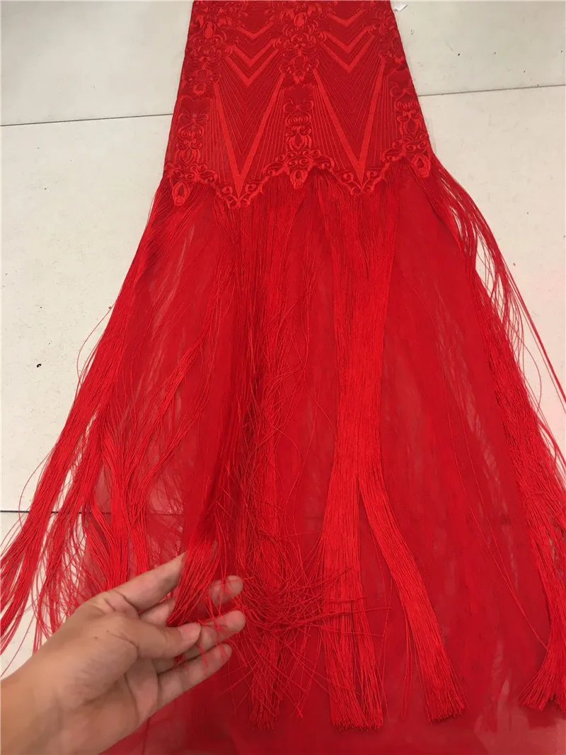 

Red color fringe Embroidered tulle mesh fabric beautiful Embroidered tulle lace fabric in red color for wedding dress