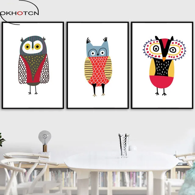 OKHOTCN Framed Wooden Hanger Owl Nordic Poster Canvas Painting Kids