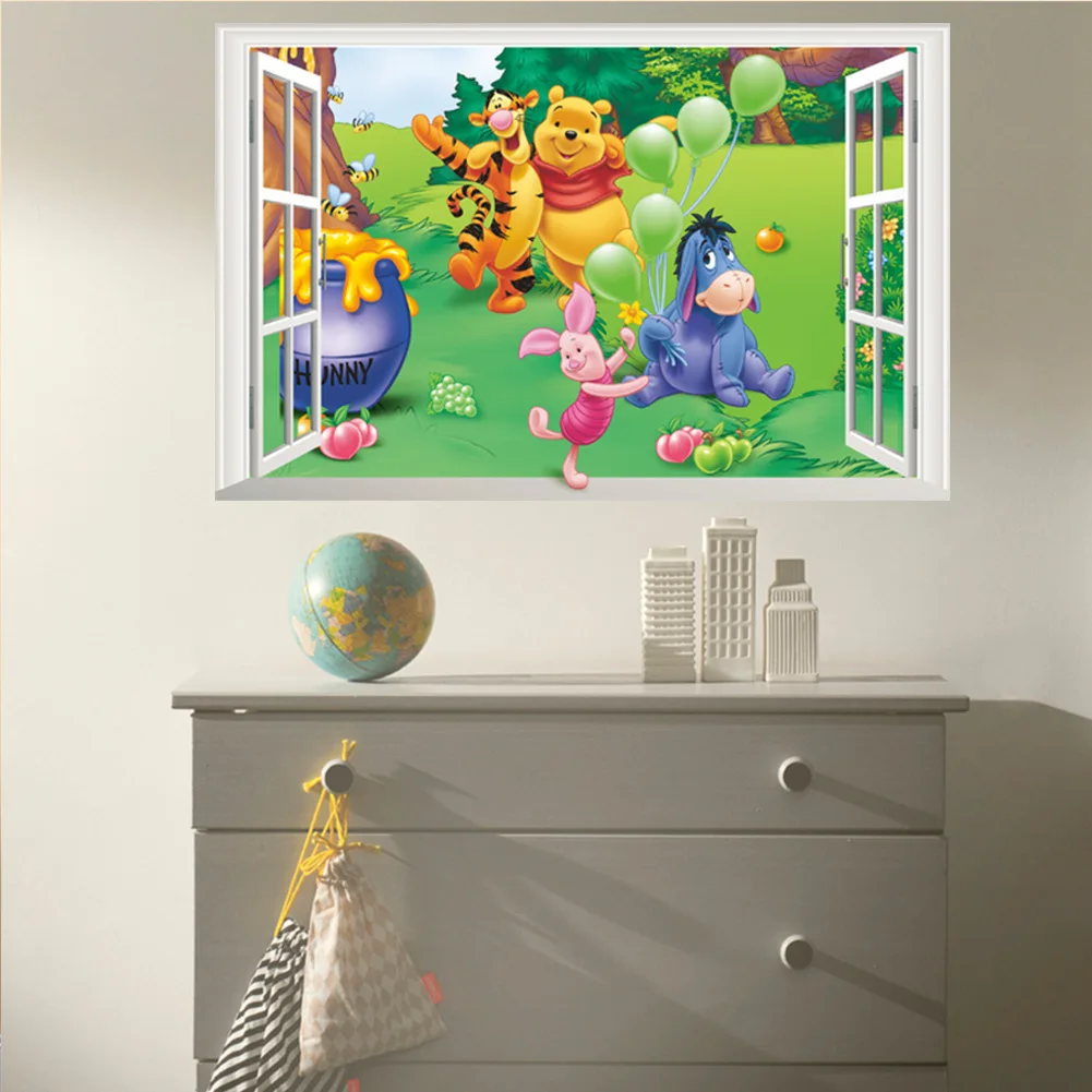 Disney new 3D stickers stereo fake window cartoon bear jumping tiger environment layout wall decoration stickers