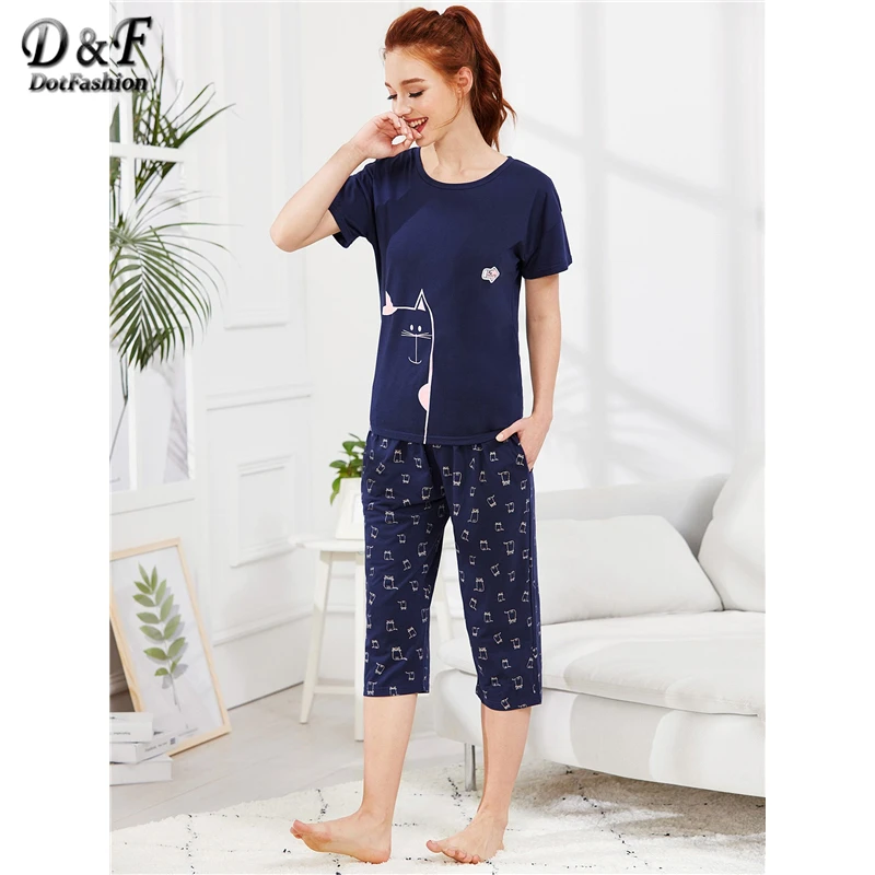 

Dotfashion Navy Animal Print Tee And Pants PJ Set 2019 Summer Pajamas For Women Casual Short Sleeve Nightwear Ladies Sleepwear