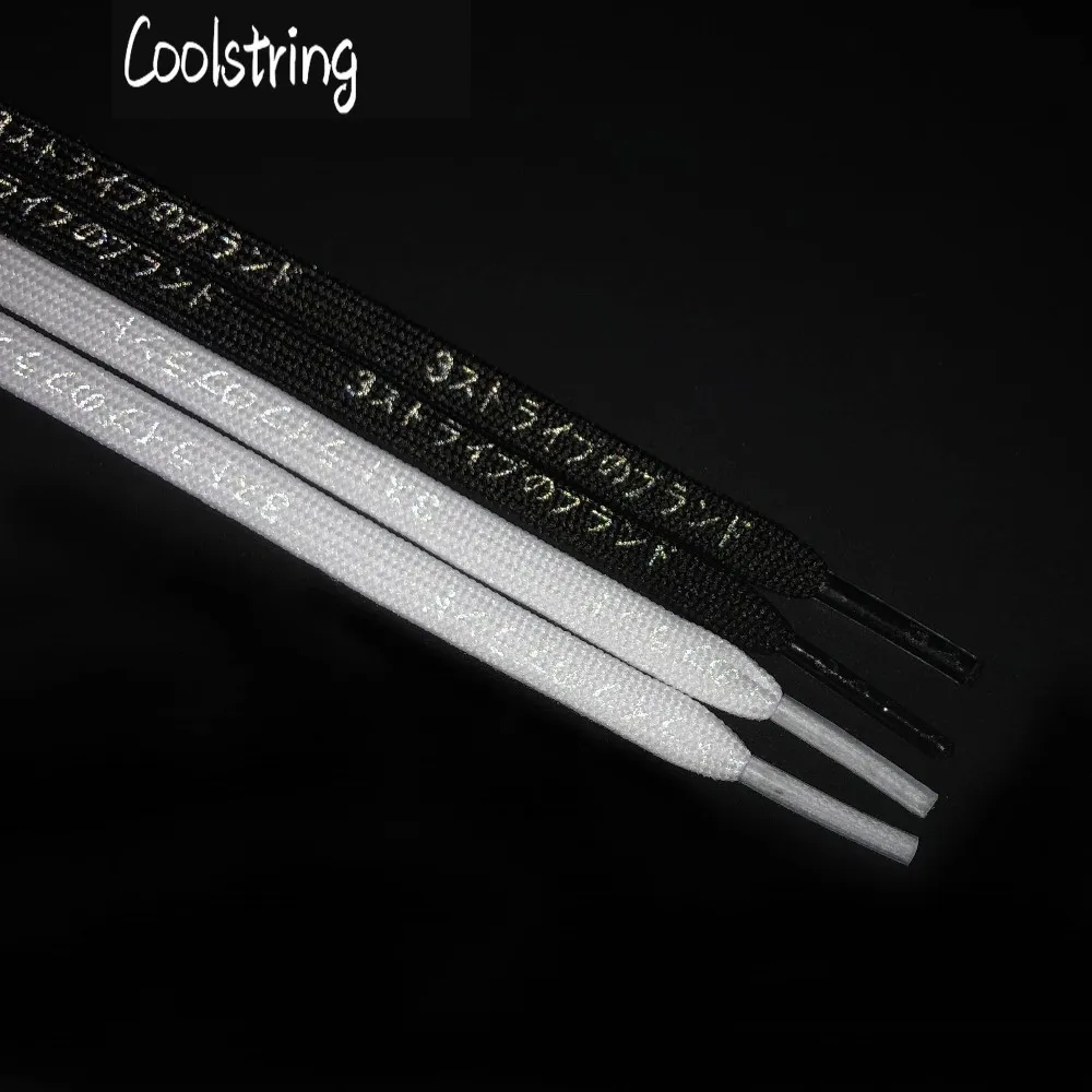 Coolstring Flat Printed Patterned White Black 3M Reflective Letter Japanese Shoelaces Flashy Bootlaces Patterns Dress Shoe Laces