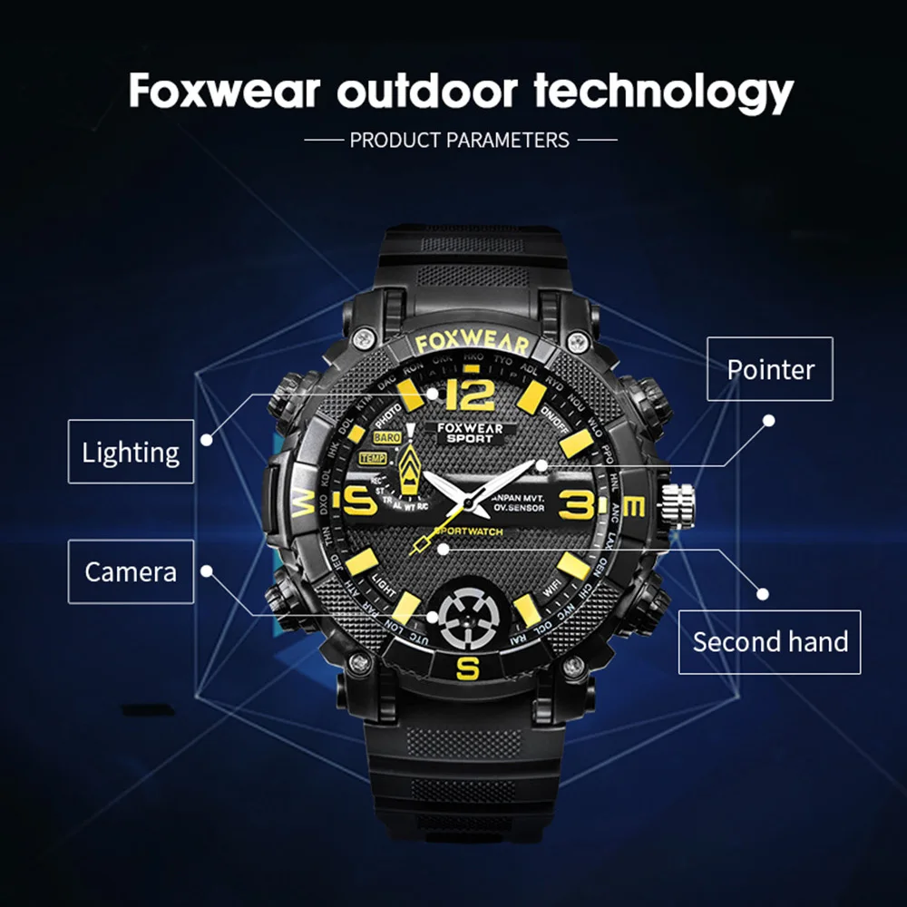 Men'S Smart Watch Sport Camera Watch FOX9C HD Video Voice Recording IPX7 Waterproof Led Lighting Watch 32g 16g Magnetic Charging