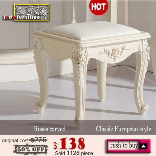 French Style Luxury White Dresser Table Stool With Glass Mirror