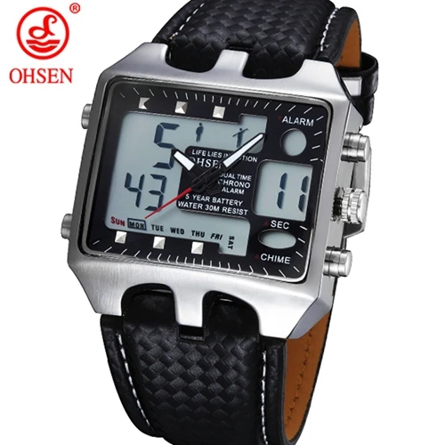 Модный бренд Ohsen цифровой кварцевые часы Для мужчин мужской синий циферблат кожаный ремешок 3ATM Водонепроницаемый Бизнес наручные Hombre Relogio подарок - Цвет: Black