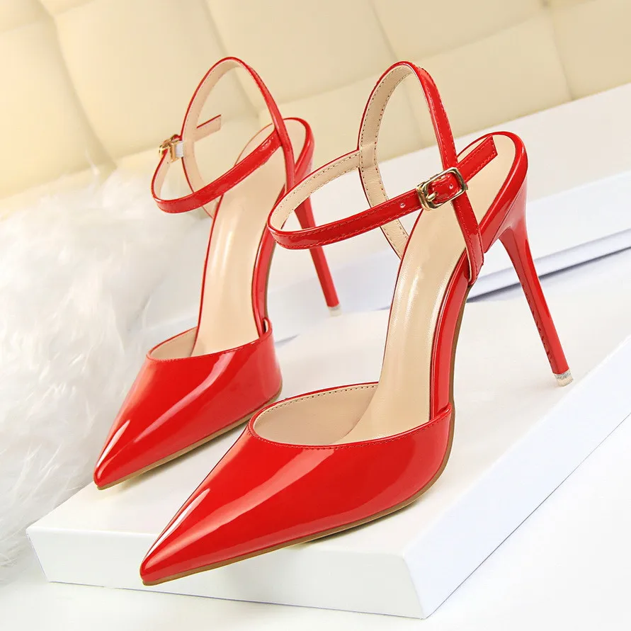 

Summer Women Thin Heels Pumps Pointed High-heeled Sandal Patent Leather Sexy Slim Sandals OL Shoes Single Shoes DS-C0090