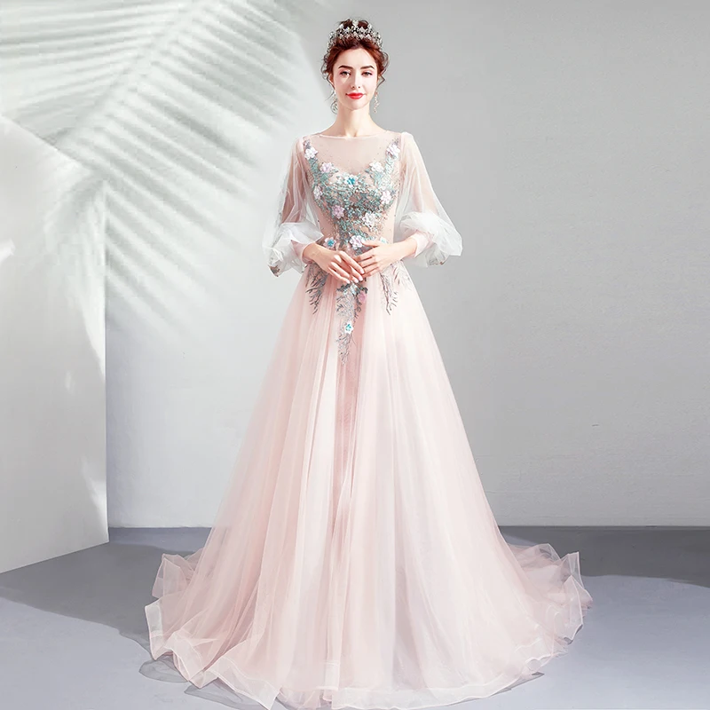SSYFashion/Новинка; милое розовое вечернее платье с кружевной аппликацией, шлейфом и 3/4 рукавом; вечерние платья для выпускного вечера; Robe De Soiree