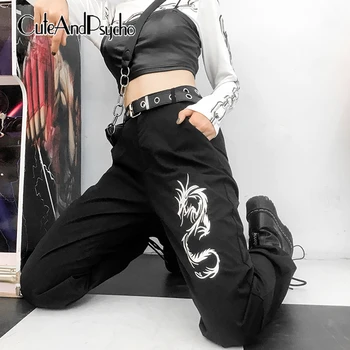 

Dragon Embroidery Women Sweat Pants Cargo Pockets Trousers Jogger Elastic High waist Pant Capris Streetwear 2020 Cuteandpsycho