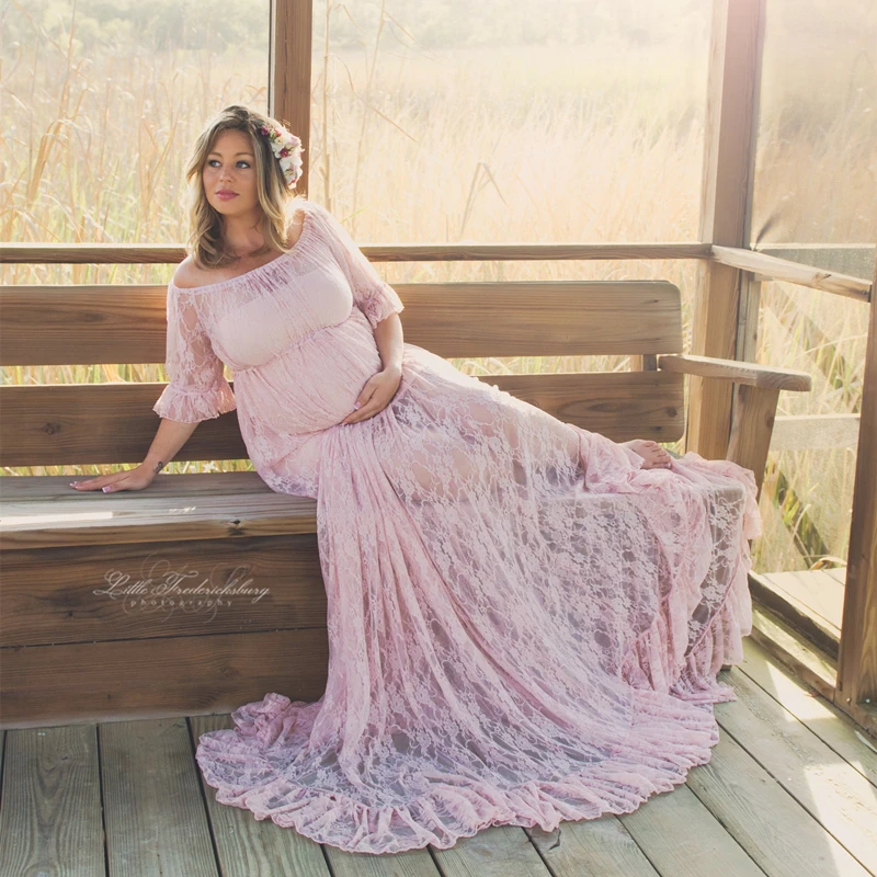 

Le Couple Boat Neck Maternity Long Dresses Maternity Photo Dresses Stretchy Lace Maternity Dresses for Photo Shoot