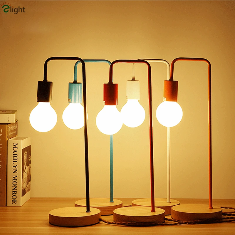 

Modern Minimalism Colorful Metal Reading Desk Lamp With Wood Base Bedroom Study Room E27 Table Lamps