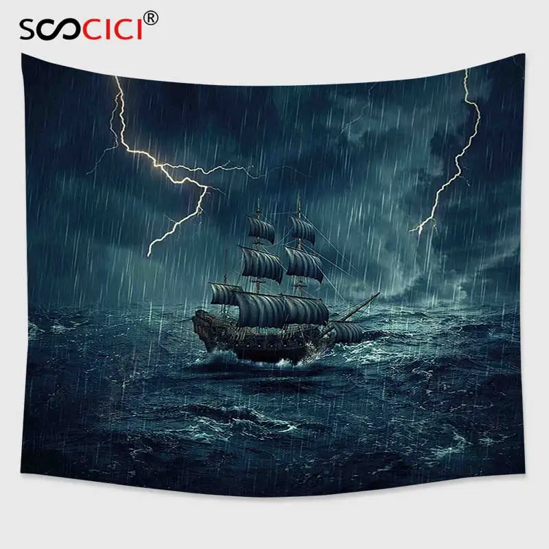 

Cutom Tapestry Wall Hanging,Landscape Stormy Rainy Weather Waves Pirate Vintage Ship Sailing Oil Paint White and Dark Cadet Blue