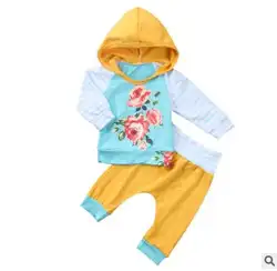 Новый комплект одежды для маленьких детей, розовый свитер с длинным рукавом + Штаны из двух предметов с капюшоном осень и зима пункт костюм