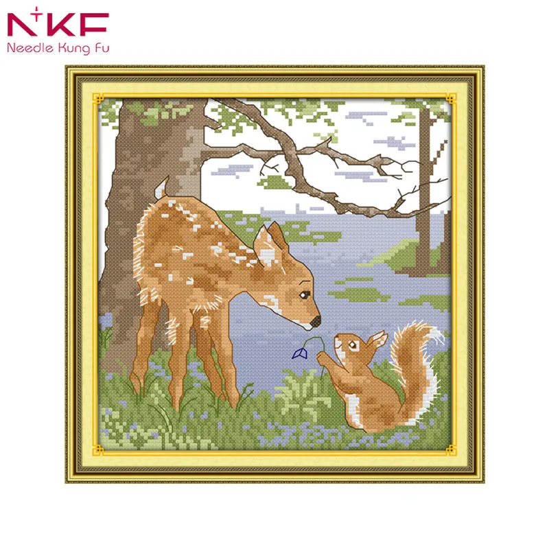 

A deerlet and a squirrel in the forest counted print on canvas chinese cross stitch kits embroidery needlework sets diy patterns