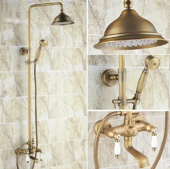 

Vintage Retro Antique Brass Dual Ceramic Handles Bathroom 8 Inch Round Rain Shower Faucet Set Tub Mixer Tap Hand Shower mrs143