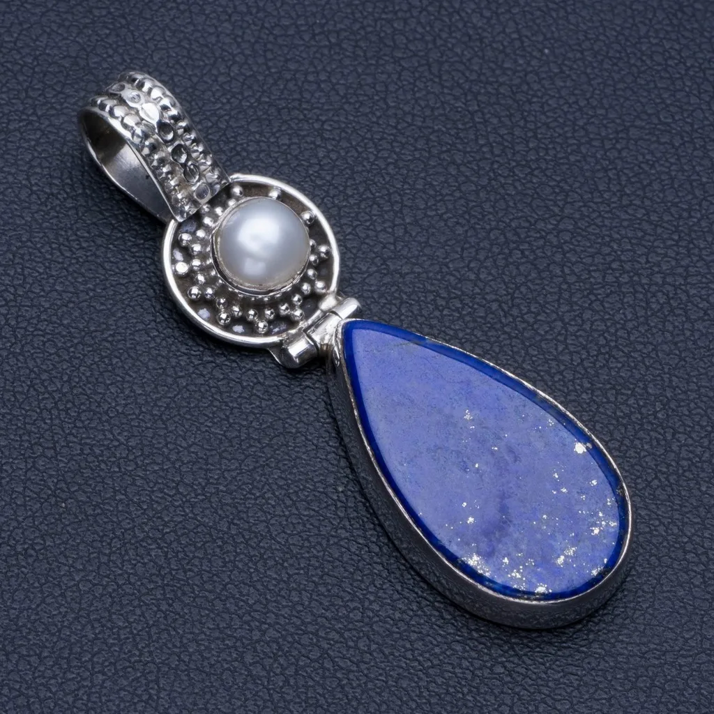 

Natural Lapis Lazuli and River Pearl Punk Style 925 Sterling Silver Pendant 2" R0161