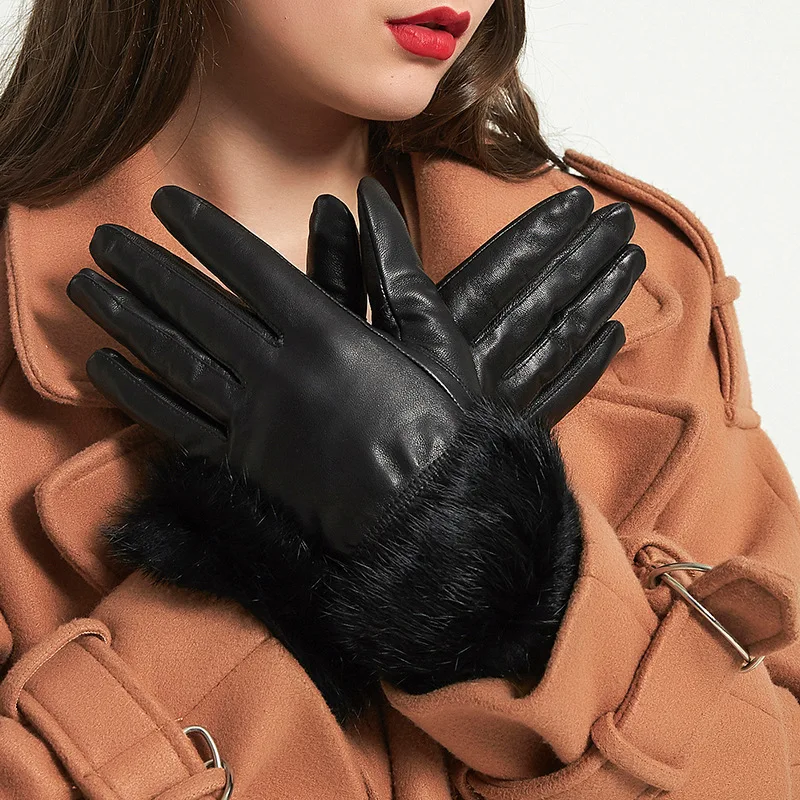 RITOPER Genuine Leather Gloves for Women Winter Warm Black Classic Sheepskin Finger Rabbit Hair Gloves Fashion Mittens New 2018