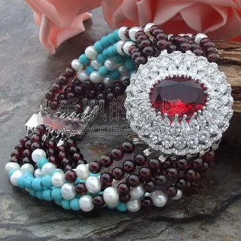 

B022014 8" 7Strands White Pearl Garnet Bracelet CZ Connector