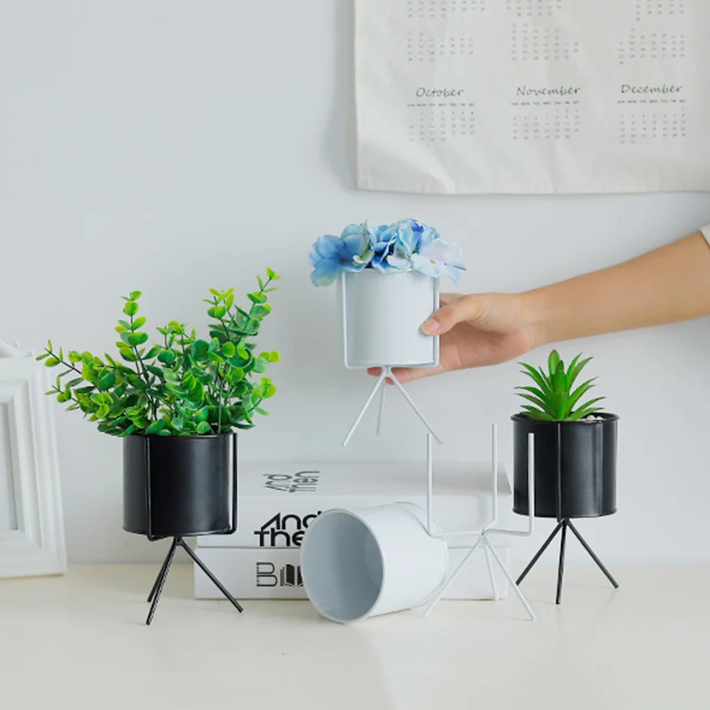 

Hot Matte Ceramic Succulent Planter Cactus Flower Plant Pot with Iron Frame Stand for Home Decor FQ-ing