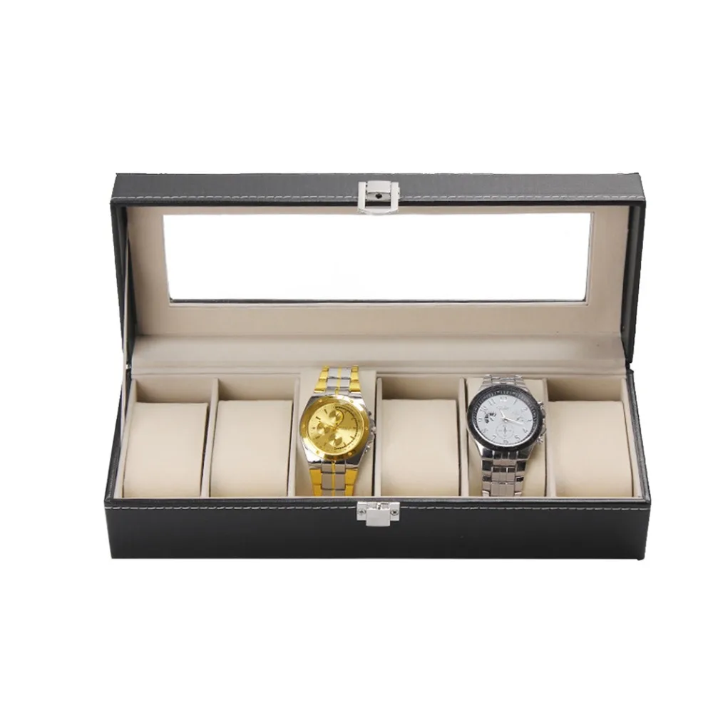 Караульная будка 6 сетки часы коробки, футляр из искусственной кожи коробка для демонстрации черные часы держатель Boite Montre ювелирные изделия часы в подарочной коробке коробка