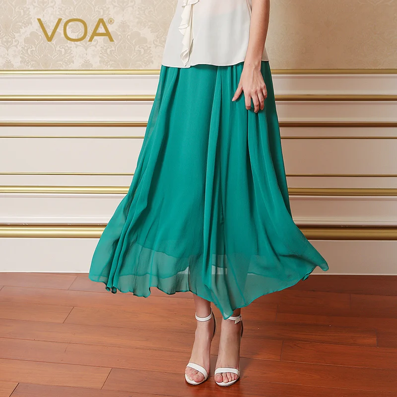 VOA cyan color silk pleated skirt female large swing bohemian