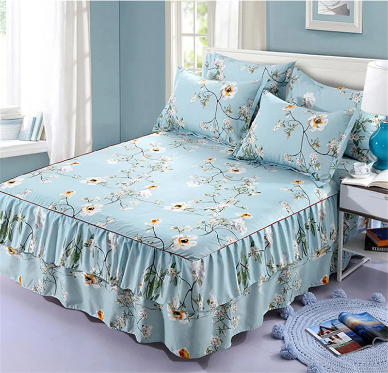 3 قطعة الزهور تنورة نوم شرشف غطاء رشيقة المفرش مزدوجة الدانتيل طقم سرير المنسوجات المنزلية غير زلة غطاء + المخدة