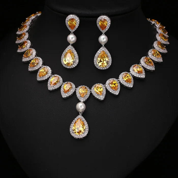 

Fashion Yellow Arrow Heart With Square Shape Cubic Zirconia and Pearl Jewelry Sets For Wedding Necklace earring set JC352649S